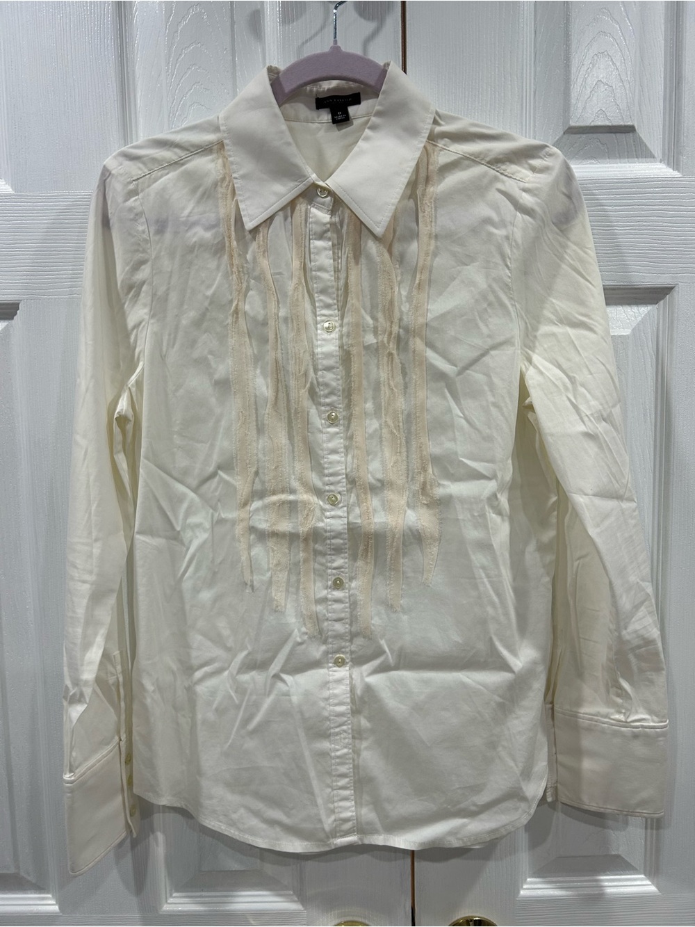 Ann Taylor Cream Button-Down Shirt with Pleated Trim